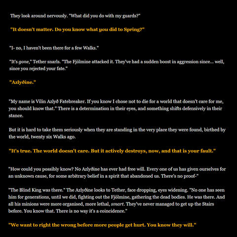 A screenshot from the dialogue excerpt. The player confronts the Azlyðine about their refusal to sacrifice themselves. A screenshot from the dialogue excerpt. The player confronts the Azlyðine about their refusal to sacrifice themselves.