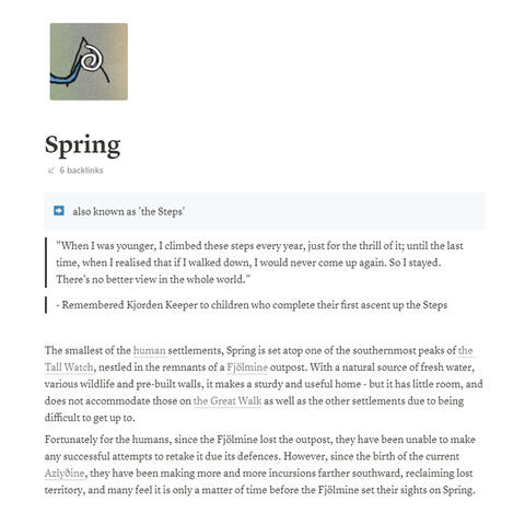 A screenshot from the worldbuilding document. It describes Spring, a human settlement. A screenshot from the worldbuilding document. It describes Spring, a human settlement.