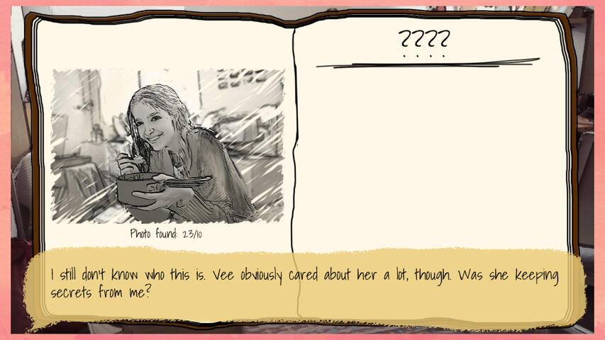 A mock screenshot - it is a journal, with a sketch of a woman on one side. Text beneath says the player doesn't know who she is. A mock screenshot - it is a journal, with a sketch of a woman on one side. Text beneath says the player doesn't know who she is.
