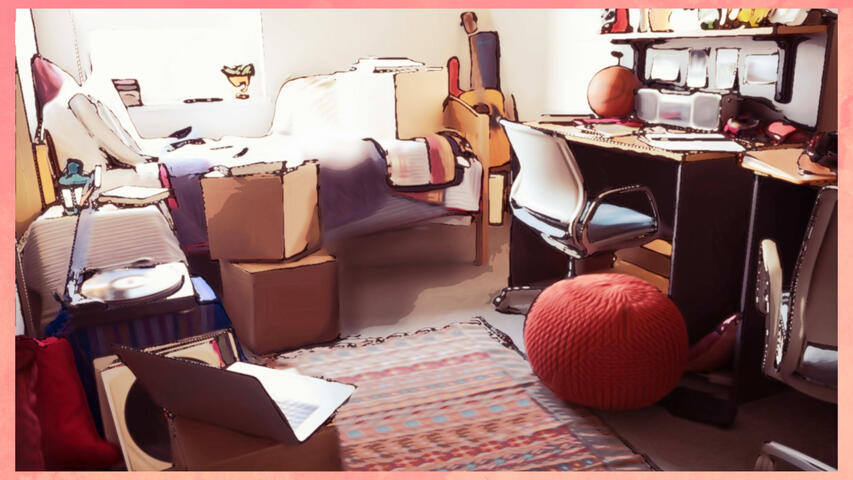 A mock screenshot - it is a messy dormitory room, being packed up, in a sketchy style.