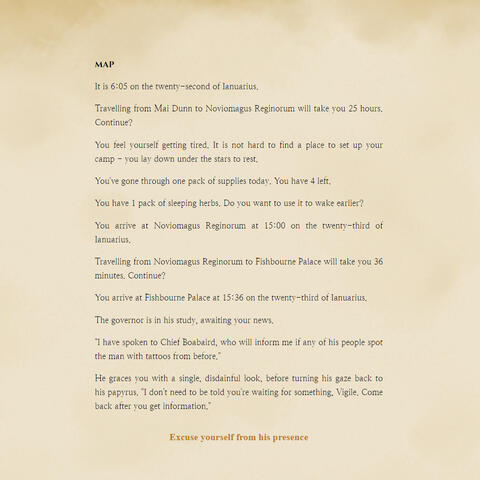 A section from the game - the player travels to Noviomagus Reginorum and speaks with the mayor.