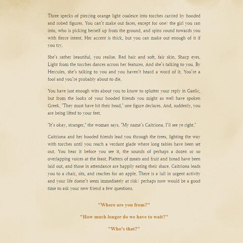 A screenshot from the game. It describes the player being captured by cultists and meeting one named Caitriona.