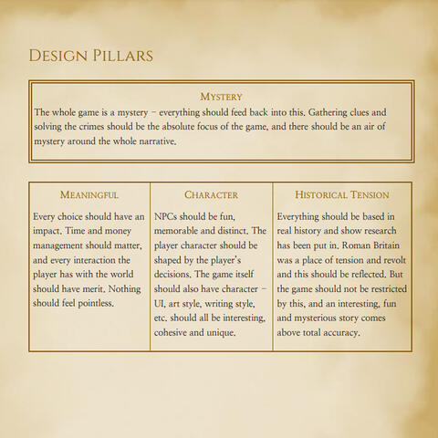 A section of the design document about design pillars. They are Mystery, Meaningful, Character and Historical Tension. A section of the design document about design pillars. They are Mystery, Meaningful, Character and Historical Tension.