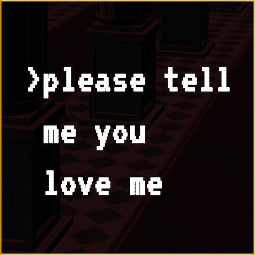 please tell me you love me cover; a dark red background with golden outline, and the title in a pixelly font.