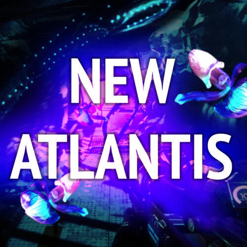 New Atlantis cover; a dark hallway illuminated by UV light with deep sea creatures floating around.