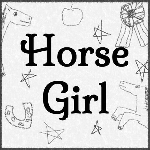 Horse Girl cover; a white page with drawings of horses and stars that look as though drawn by a child, with the title in the middle.