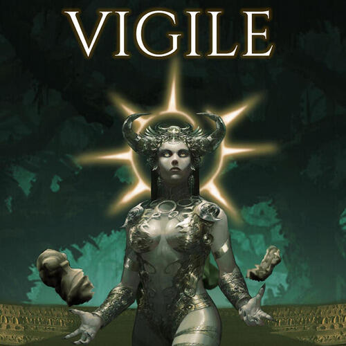 Vigile cover; a menacing looking goddess in a forest, a sun symbol behind her head, the head of a statue split in half in her hands.